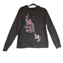 Lucky Brand Womens XL Hoodie Embellished Blue Pink Floral Black YKK Full Zip - £18.33 GBP