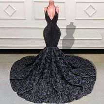 Halter Prom Dresses Black Floral Sequin Applique Sexy Evening Gowns for Women  - £160.05 GBP