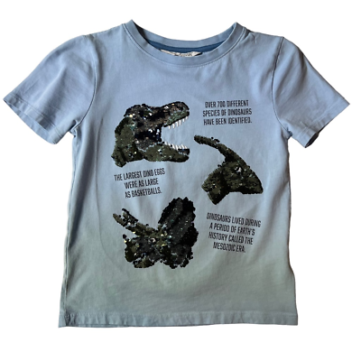 Primary image for H&M Unisex Kids Dinosaur Facts Graphic T-Shirt Blue Reversible Sequin Husky 6X/7