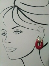 Vintage Fashion Clip Earrings Golden Door Knockers Red Enamel Rhinestone Accent - £28.36 GBP