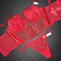 Victoria&#39;s Secret 34B,34C Bra Set Corset Top O/S Thong Red Floral Embroidered - £63.15 GBP