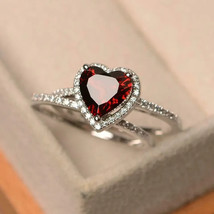 Valentine Day Gift 3Ct Simulated Heart Garnet Diamond Bridal Ring Set 925 Silver - £105.08 GBP