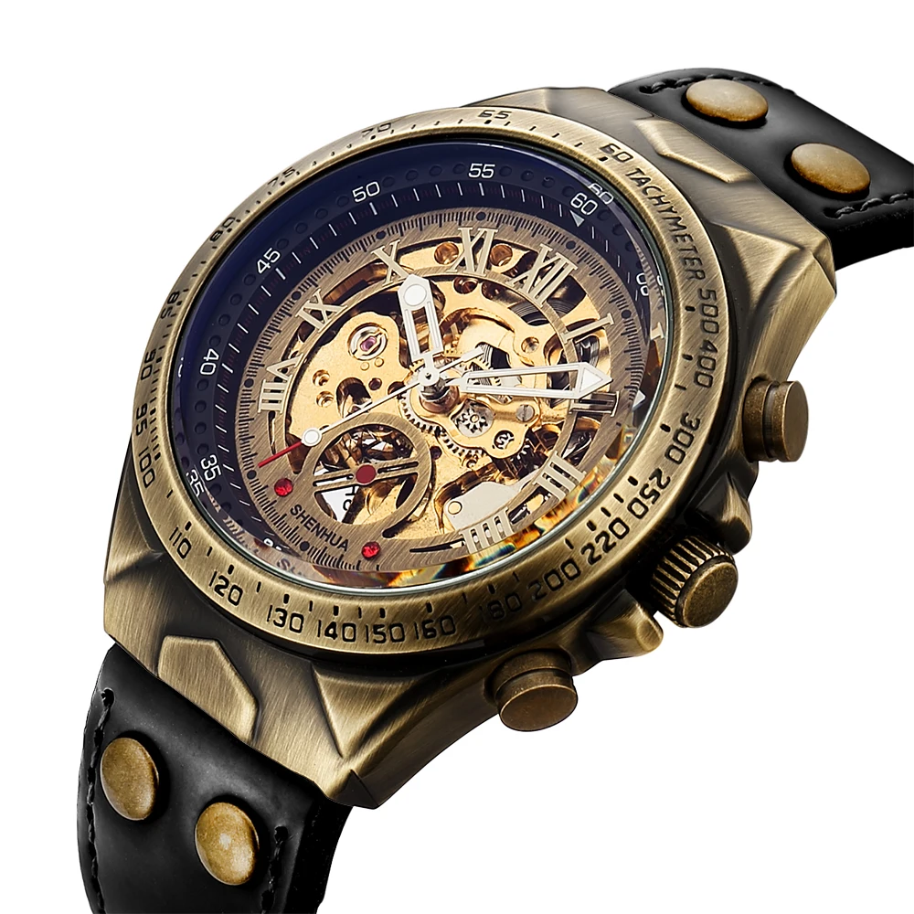Skeleton  Men Automatic Mechanical Watch Steam Transparent Dial Brown Leather Me - £100.52 GBP