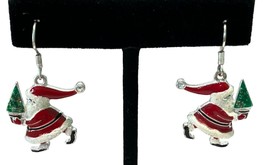 Santa Claus Earrings Christmas Stocking Stuffer Gift Enameled Silver Tone 1 Inch - £14.36 GBP