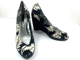 Nine West Yamaris Women Shoes Black White 10M Floral Slip On Bamboo Wedges heels - £20.90 GBP