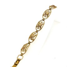 Vintage Signed 12k Gold Filled Retro Two Tone Floral Panel Link Chain Bracelet 5 - £50.61 GBP