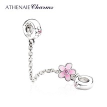 925 Sterling Silver Pink CZ and Enamel Cherry Flower Safety Chain Charms DIY Bea - £37.41 GBP