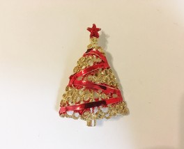 Tree Pin Brooch Christmas Vintage Red Ribbon Star Enamel Gold Metal Filigree - £12.01 GBP
