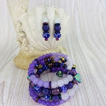 Purple Wrap Stack Bracelet Swarovski Crystal Earring Set Electroplated Leaves - £31.96 GBP