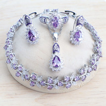 Wedding Jewelry Sets Bridal 925 Silver Necklace Set Purple Zircon Jewellery Ring - £21.81 GBP