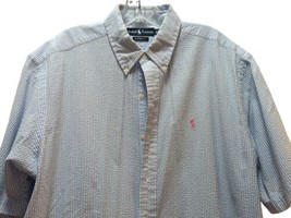 Ralph Lauren men Large button front shirt blue white stripe seersucker p... - $19.79