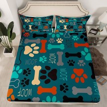 Pup Dog Paw Print BedSheets For Girls Boys,Colorful Bones FittedSheet For Kids C - £43.27 GBP