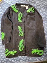 Michael Simon 3D Sweater Black w/Sparkly Green Geckos Sz 2 Vintage 1990&#39;s Retro - £71.73 GBP