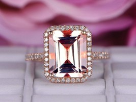 4.40Ct Emerald Cut Morganite Halo Engagement Ring Solid 14K Rose Gold Finish - £65.22 GBP