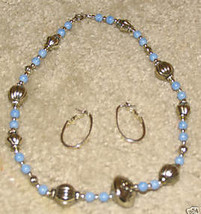 Vintage Jewelry Silvertone/Blue Bead Necklace &amp; Earring - £6.28 GBP