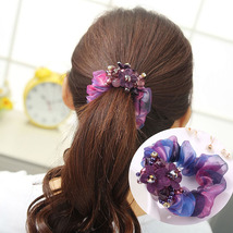 Elegant Organza Hair Tie with Fabric and Crystal Beads Flower  - $5.00