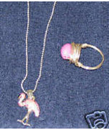 Vintage Pink Pelican on Silver Chain &amp; Matching Ring - £6.09 GBP