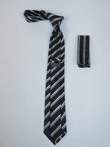 Mens Narrow Tie/Hankie Set Woven Vito Rofolo VTR-106 Black White Stripe image 2