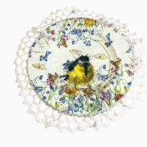 Wall Hanging Baby Bird Butterflies Boho Vtg Doily Frame 10 inch Round Decoupaged - £21.84 GBP