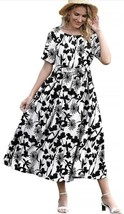 Yesno Boho Floral Print Maxi Dress Size Large  White Black Short Sleeves Pockets - £22.30 GBP