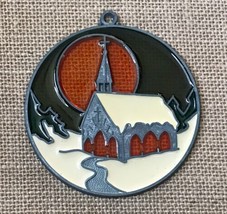 Vintage Church In Snow On Moonlit Night Round Sun Catcher Ornament w Pewter Trim - £10.95 GBP