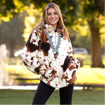 Womens Cow Print Jacket   Faux Fur Coat Western Jacket Beige &amp; Brown - £50.75 GBP+