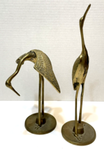 Vintage 1970s Solid Brass Crane Bird Figurines 8&quot; and 12&quot; Lot 2 Made in Taiwan - £66.87 GBP