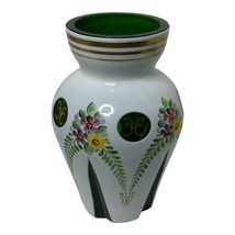 Cased Crystal Arcadia Green Cut to Clear Vase Hand Painted Made in Czech - 6&quot; - $73.87