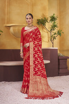 Designer Red Zari Weaving Border Work Work Sari Georgette Party Wear Saree - £67.74 GBP