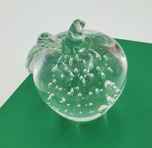 Vtg Clear Glass Apple Paperweight with Leaf &amp; Stem Art Glass Bubbles - £13.92 GBP