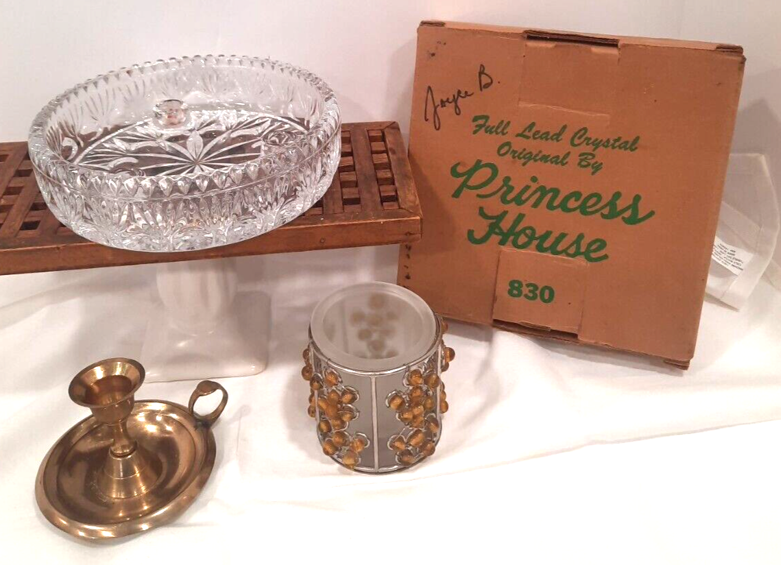 Primary image for LOT 3 CANDLE Accessories w/ Princess House #830 Full Lead Crystal Votive Brass