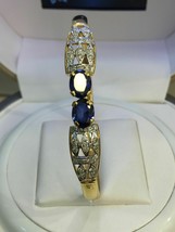 2.50CT Oval Sapphire &amp; Simulated Diamonds Cuff Bracelet925 Silver Gold Plated - £173.55 GBP