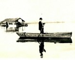 RPPC Flood Scene Man Standing Paddling Canoe Unknown Location UNP Postca... - $19.56