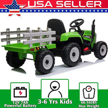 12V Kids Electric Battery-Powered Ride On Toy Tractor With Trailer Led Usb Green - £201.42 GBP