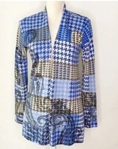 Talbots Blue Grey HOUNDSTOOTH Open Front MERINO WOOL Cardigan Sweater Large - $34.37