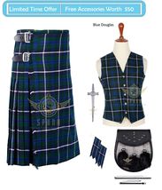 Scottish Traditional Handmade Men&#39;s Blue Douglas Tartan 8 Yard KILT Package - £64.04 GBP