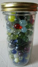 vintage Jar of Marbles 175 total Clear with bubbles Ribbons Solid extra small - £7.46 GBP