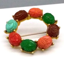Vintage Multi Color Scarab Brooch, Stone Wreath Gold Tone Circle, Carved Beetle - £25.51 GBP