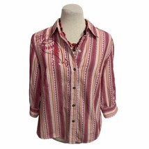 Caribbean Joe Embroidered Striped Button Down Shirt Women&#39;s Size S 3/4 S... - £13.97 GBP