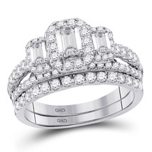 14kt White Gold Emerald Diamond 3-Stone Bridal Wedding Ring Band Set 1-1/2 Cttw - £2,692.79 GBP