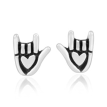 Cute LOVE Sign Language Hand .925 Silver Stud Earrings - £9.87 GBP