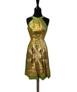 Martini Hour Magic! Retro 50s Metallic Halter Dress - Gold & Green Perfection XS - $138.60