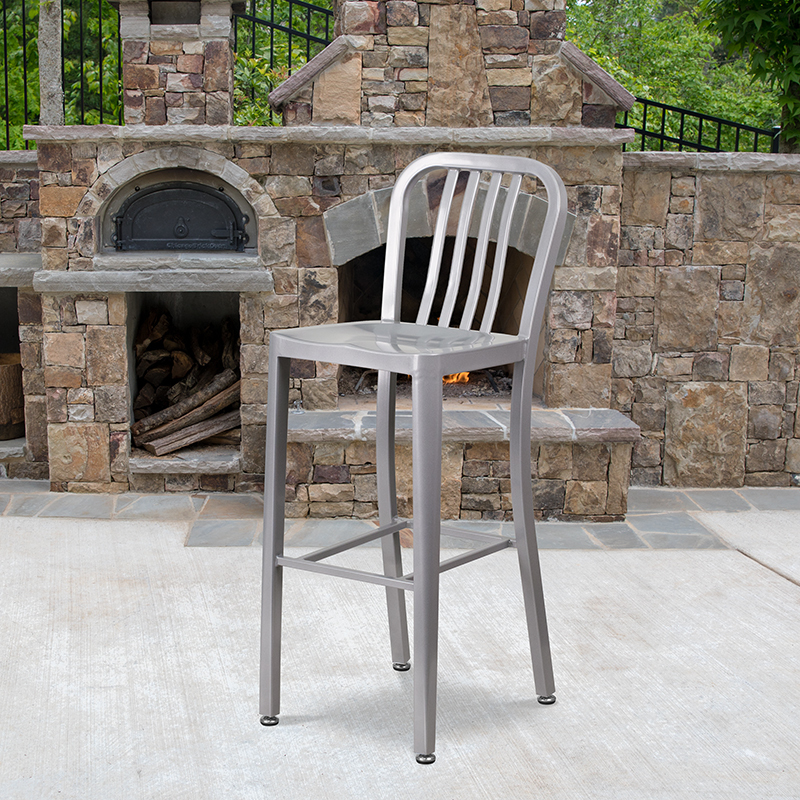 30" Silver Metal Outdoor Stool CH-61200-30-SIL-GG