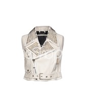 Philip Plein Woman White Full Silver Spiked Studded Brando Biker Leather Vest - £157.52 GBP