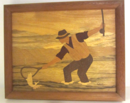 Fishing on the river Inlay Marquetry Wood Framed - Jeff Nelson Signed vintage - £45.22 GBP