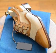 New Handmade Men&#39;s Tan &amp; Beige Cap Toe Cowhide Leather Oxford Dress Formal Shoes - £102.86 GBP