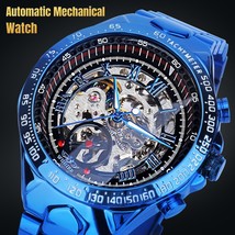 Luxury Men&#39;s Automatic Mechanical Watch Blue Stainless Steel Strap Skele... - £36.33 GBP