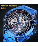 Luxury Men&#39;s Automatic Mechanical Watch Blue Stainless Steel Strap Skele... - £35.95 GBP