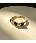 925 Silver Gold Plated Lapis Lazuli Triple Stone Ring 4mm Adjustable Boho - $33.00