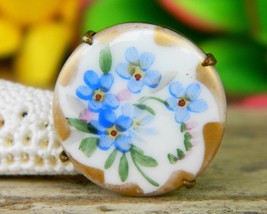 Vintage Victorian Porcelain Brass Flowers Brooch Pin Painted Gold Trim - £21.88 GBP